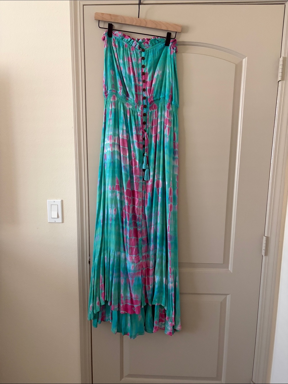Tiare Hawaii Teal & Pink Strapless Tie-Dye Maxi Dress